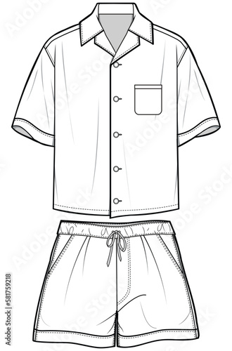 mens beach shirt and shorts set flat sketch vector illustration short sleeve shirt and drawstring waist shorts technical cad drawing template