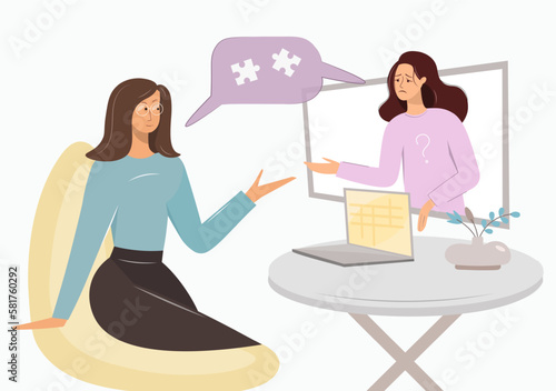 Online psychological consultation. A woman receives psychological help through the Internet, a conversational bubble that depicts a puzzle. Psychotherapy, psychological consultations. Vector, flat