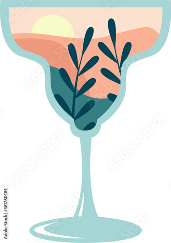 Summer cocktail glass with paradise landscape