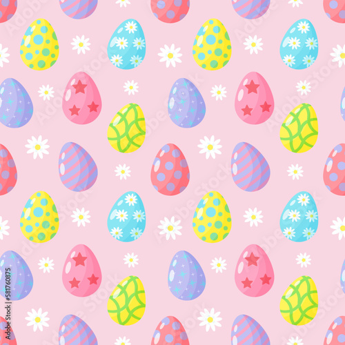 Seamless pattern with Easter eggs and daisies on pink background. Cute pastel digital paper.