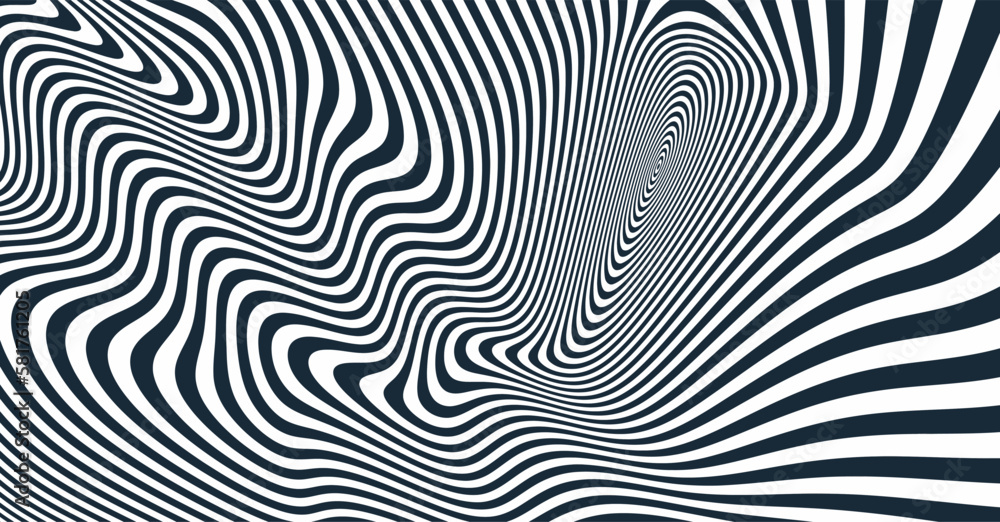 The geometric background by stripes. Black and white modern pattern with optical illusion. 3d vector illustration for brochure, annual report, magazine, poster, presentation, flyer or banner.