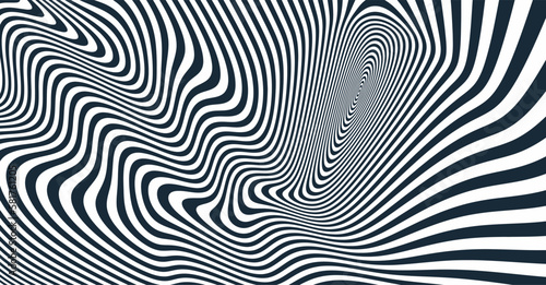 The geometric background by stripes. Black and white modern pattern with optical illusion. 3d vector illustration for brochure  annual report  magazine  poster  presentation  flyer or banner.