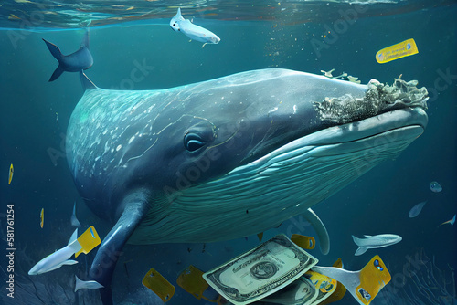 A big whale swims underwater among the money. Generative AI.