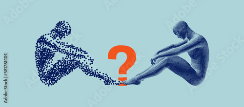 Two men are sitting opposite each other on the floor, looking down and thinking about a problem. Question mark symbol. Illustration of the communication between two humans. Battle with yourself.