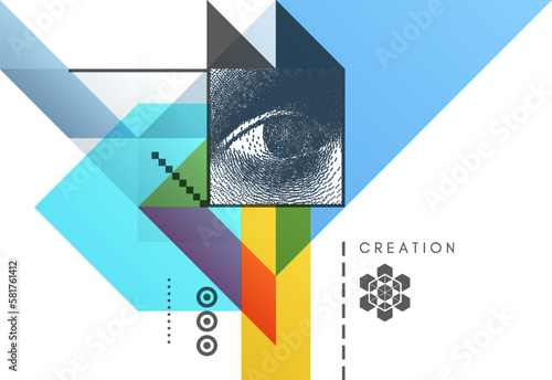 Art composition for art gallery, wall decoration or interior design. Transparency geometrical background. Eye inside a triangle. Cover design template for presentation, poster, cover or brochure.