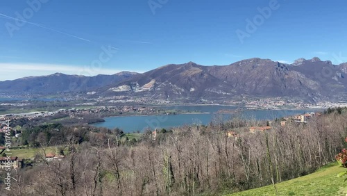 Panoramic aerial view of the Lecco mountains. The three horns of Canzo, Moregallo, San Genesio, Cornizzolo and San Martino. Lake Oggiono, Annone, Pusiano and Montorfano in the background. photo