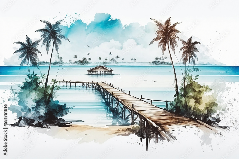 Panorama sandy tropical beach with coconut tree. generative ai