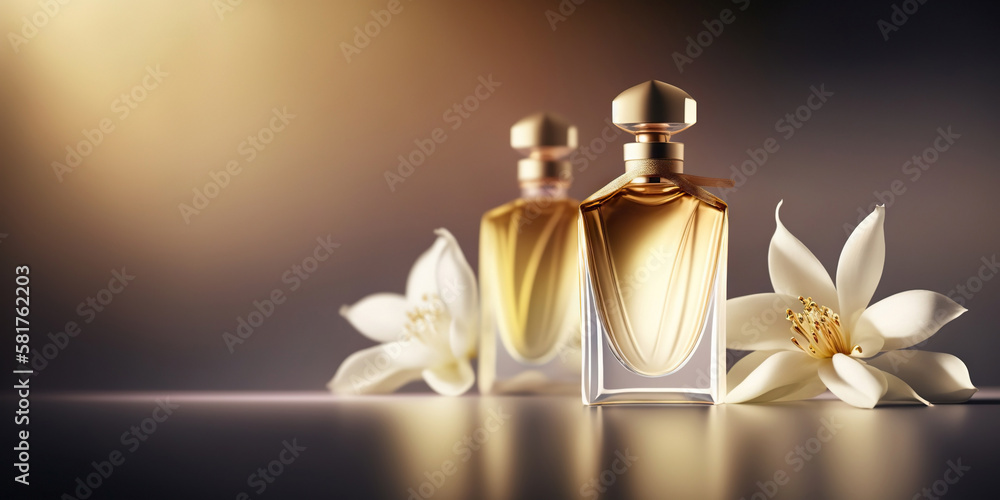 Warm and sensual fragrance perfume bottles. Art composition still life. Stylish parfumerie banner. Generative AI. - obrazy, fototapety, plakaty 