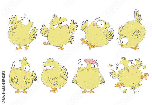 Clipart collection of funny cartoon chickens in doodle sketch style. Hand drawn cute chicken set.