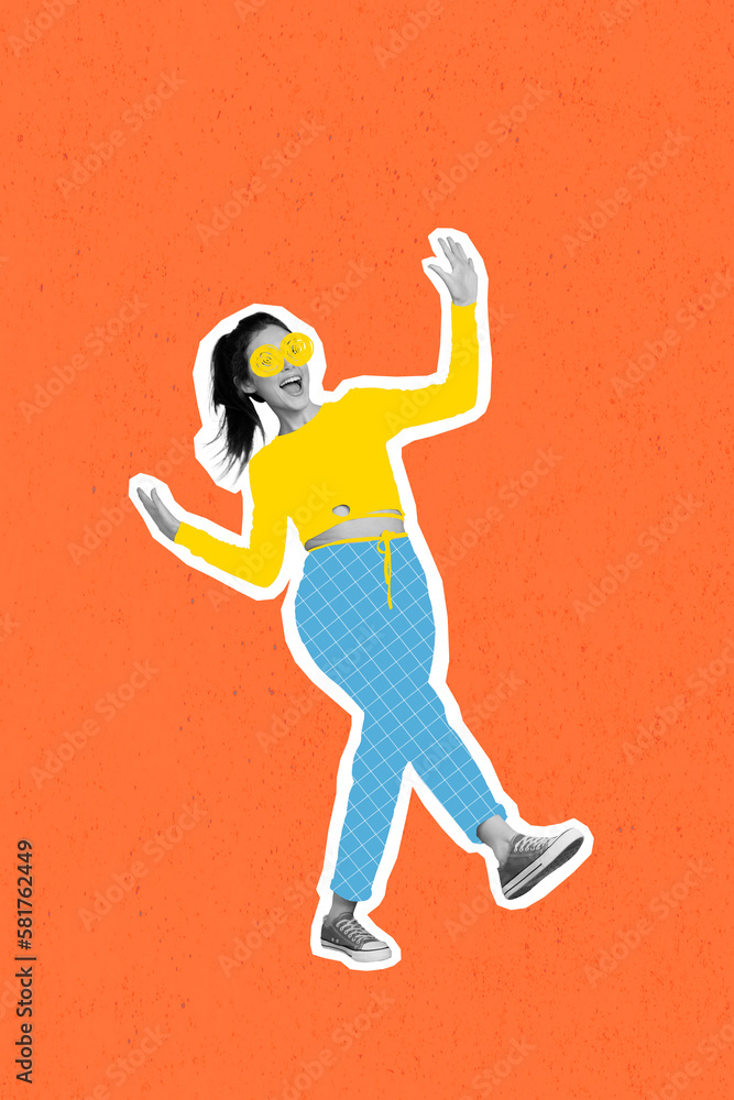 Vertical placard collage of young carefree lady painted lenses spectacles summertime wear drawing outfit clothes dance isolated on orange background