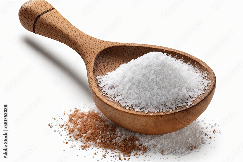a wooden spoon with salt in it, isolated on a white background. Generative AI a wooden spoon with salt in it, isolated on a white background. Generative AI