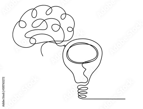 Abstract light bulb with brain as line drawing on white background