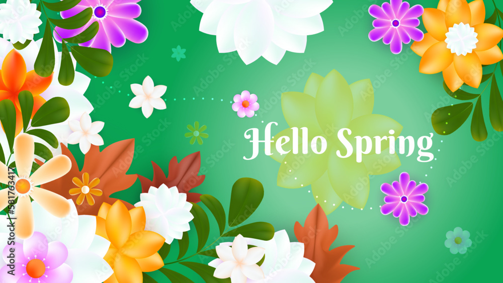 Spring botanical flower floral illustration green background vector with flowers in flat style