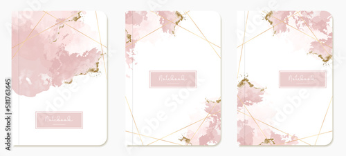 Layouts of notebooks with covers. Templates with watercolor stains with gold lines and glitter. Vector for diaries, diaries, catalogs, planners and flyers.