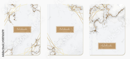 Layouts of notepads with covers. Templates with marble stone texture, gold lines and glitter. Vector for diaries, diaries, catalogs, planners