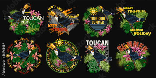 Set of labels with toucan bird, tropical foliage, orchid, text on black background. Holiday summer theme. Detailed illustration for prints, clothing, t shirt design