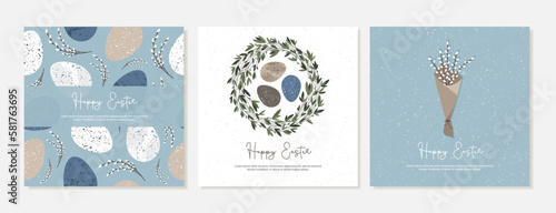 Set of square banners, cards for Holy Easter. Wreath with green leaves, branches in rustic style with Easter eggs, bouquet with willow branches. Vector template