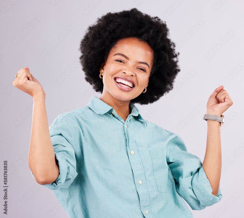 Happy, smile and portrait of black woman in studio for celebration, surprise and confidence. Winner, happiness and good news with female isolated on gray background for cheerful, yes and excited Happy, smile and portrait of black woman in studio for celebration, surprise and confidence. Winner, happiness and good news with female isolated on gray background for cheerful, yes and excited