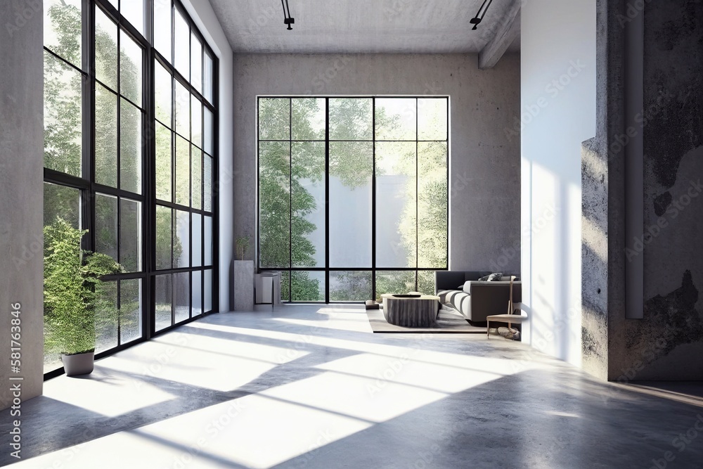 Fototapeta premium living room interior with big window, sofa, pictures and houseplants, Generative AI