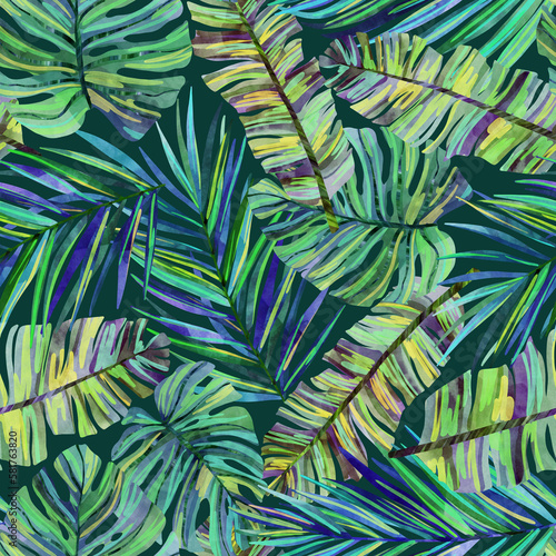 Fototapeta Naklejka Na Ścianę i Meble -  Tropical palm leaves, jungle leaves seamless floral pattern background. Monstera, banana leaves, palm. Glamorous exotic abstract background. Good for luxury wallpapers, cloth, fabric printing, goods