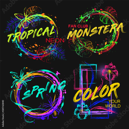 Set of labels with orchids, tropical foliage, paint brush strokes, spattered paint of neon bright colors. Virtual surreal nature Grunge style for sports goods, prints, clothing, t shirt design