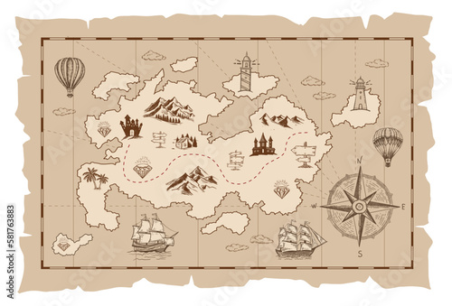 Vector sketch of an old pirate treasure map. Hand-drawn illustrations, vector.	
