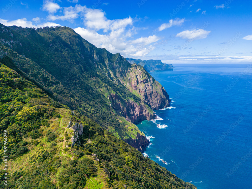 Madeira. Boca do Risco Aerial View. Steep Cliffs over the Atlantic Ocean. Madeira Island, Portugal.