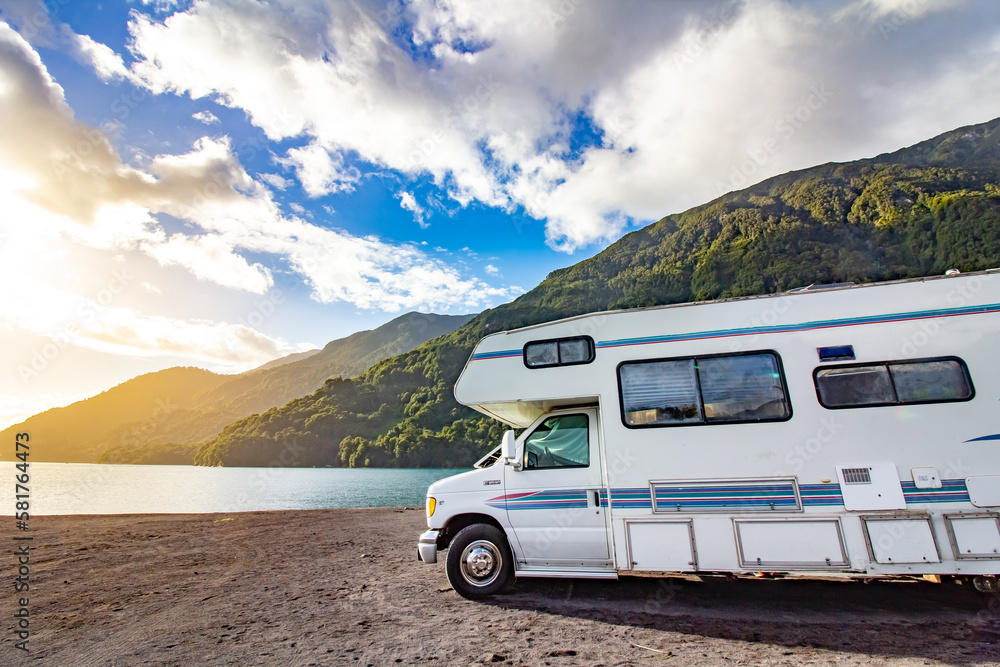 Motorhome in Chilean Argentine mountain Andes. Family trip travel vacation on Motorhome RV in Andes. Ensenada, Chile