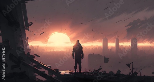 man looking at sunset on a rooftop of the building in the post-apocalyptic world  digital art style  illustration painting  Generative AI