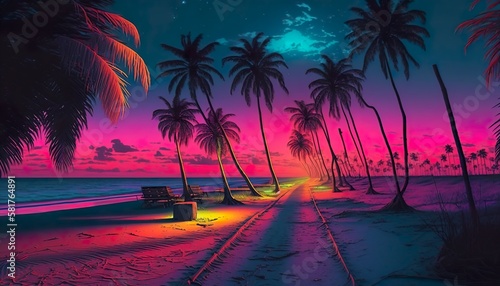 A neon beach with glowing palm trees and a sunset on the horizon Generative AI