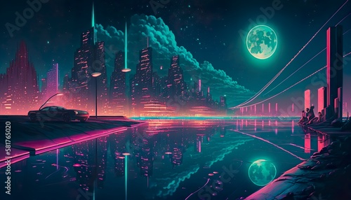 A neon city with a glowing aurora over the skyline and reflections in the water  Generative AI