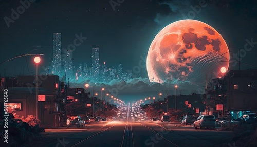 A neon city with a glowing full moon in the background  Generative AI