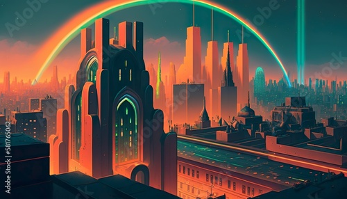 A neon city with a glowing rainbow that arches over the skyline Generative AI