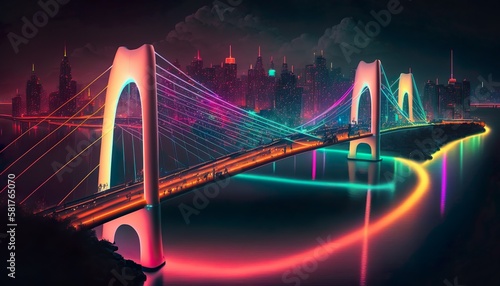 A neon city with a glowing rainbow bridge that connects two islands Generative AI