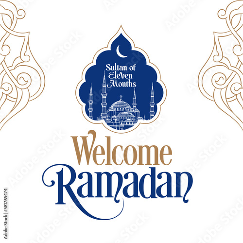 Sultan of eleven months, the climate of peace, welcome, the city of Ramadan, Vector Islamic Background. Welcome Ramadan Month (Turkish Hosgeldin Ya Sehri Ramazan, imsakiye), istanbul silhouette of Blu photo