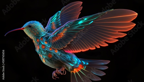 A neon hummingbird with glowing wings that beat rapidly  Generative AI © dilli