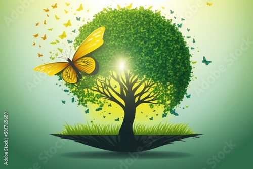 On a background of green and sunshine  a growing tree in a human is accompanied by a flying yellow butterfly. protecting the environment  keeping the planet clean  and ecology. Greeting card for Eart