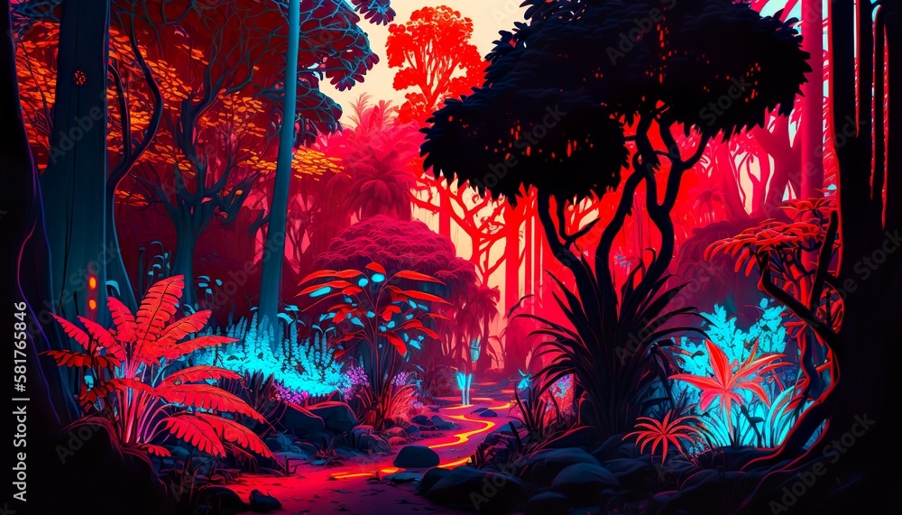 Fototapeta premium A neon jungle with glowing plants and trees Generative AI