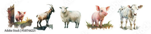 Farm animals. Livestock - pig  sheep  calf  goat  chicken  chick  bull  watercolor clipart created with Generative AI technology