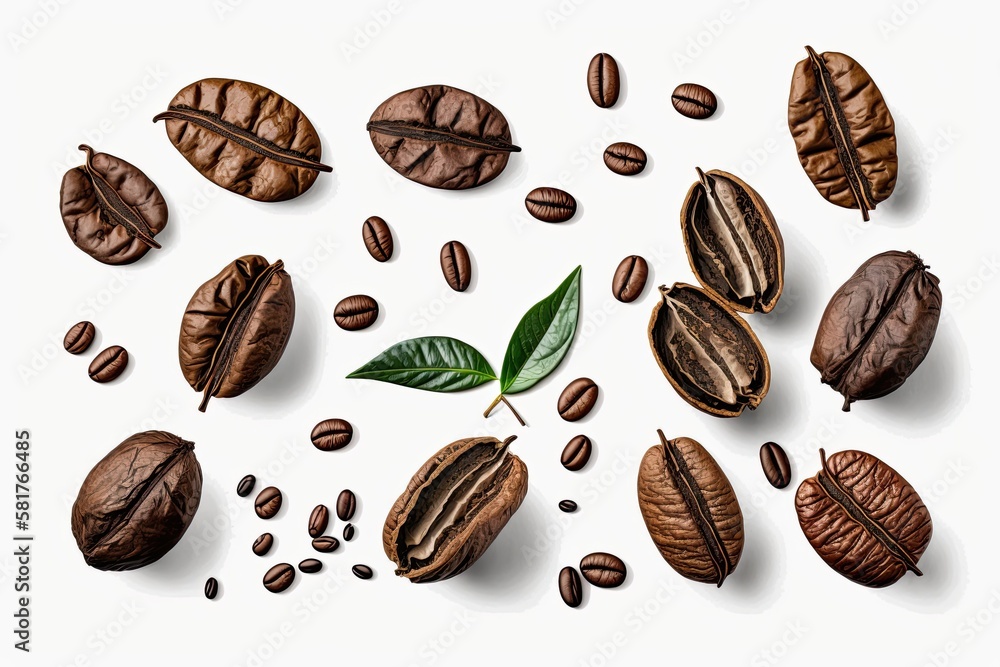 isolated images of roasted coffee beans on a white background. Generative AI isolated images of roasted coffee beans on a white background. Generative AI