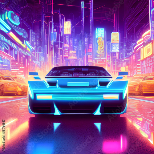 Retro Drive Exploring a Neon City in a Futuristic Car with 80s Retro Wave Background. Generative A.I