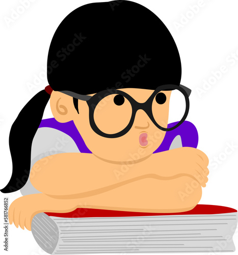 A cute little girl in glasses pouting and leaning on a book with her hands folded