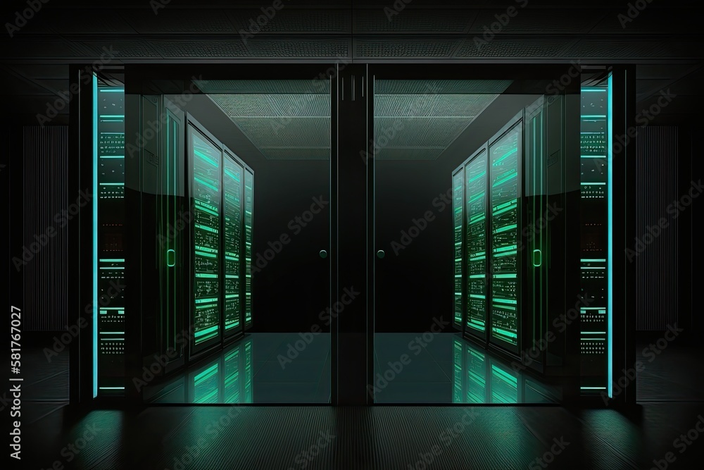 Servers Room is dark. Metal and glass server racks. The Server Wall