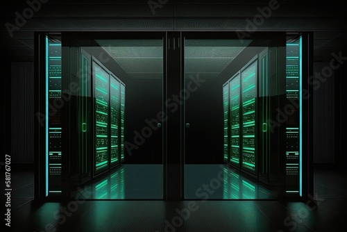 Servers Room is dark. Metal and glass server racks. The Server Wall Illustration of a dark server room generated. Theme Relating to Hosting. Generative AI