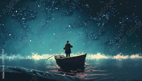 man rowing a boat in the sea under beautiful sky with stars, illustration painting, Generative AI