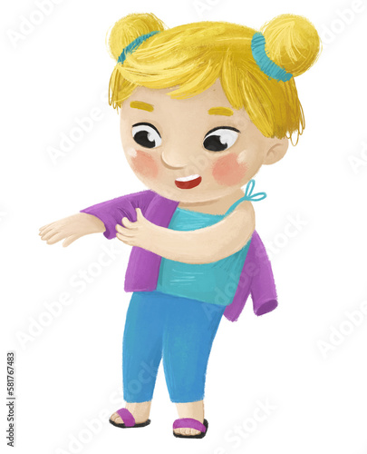 cartoon child kid girl taking off or putting on clothes by him self childhood illustration for kids