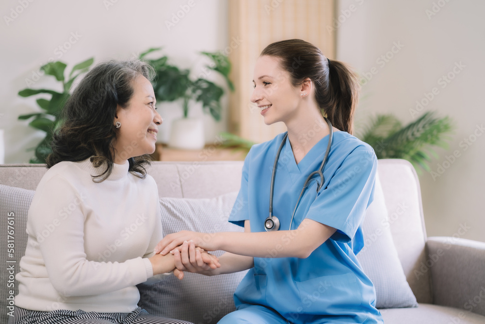Female doctors shake hands with patients encouraging each other To offer love, concern, and encouragement while checking the patient's health. concept of medicine. Female doctors shake hands with patients encouraging each other To offer love, concern, and encouragement while checking the patient's health. concept of medicine.
