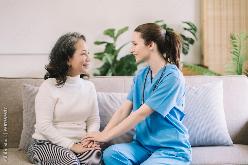 Female doctors shake hands with patients encouraging each other To offer love, concern, and encouragement while checking the patient's health. concept of medicine. Female doctors shake hands with patients encouraging each other To offer love, concern, and encouragement while checking the patient's health. concept of medicine.