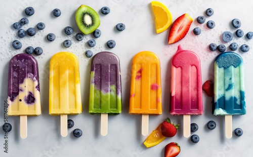 Fruit Popsicles. Looking colorful and refreshing, isolated on light grey background with pieces of fruit strewn around. Illustrative generative AI.