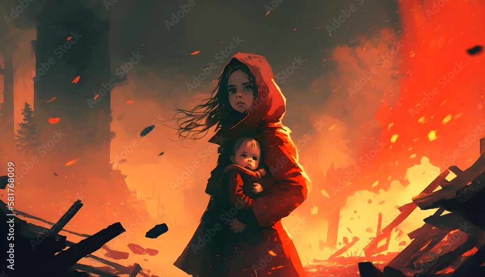 young mother in red coat carrying her baby standing in the burning city, digital art style, illustration painting, Generative AI young mother in red coat carrying her baby standing in the burning city, digital art style, illustration painting, Generative AI